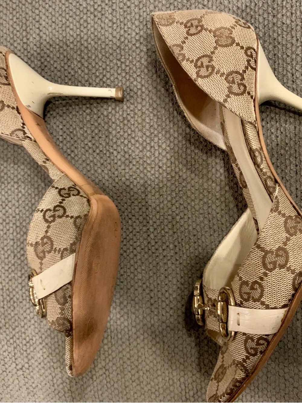 Gucci Beige GG Canvas Horsebit Open/Toe Pumps - Vintage - Picture 6 of 7